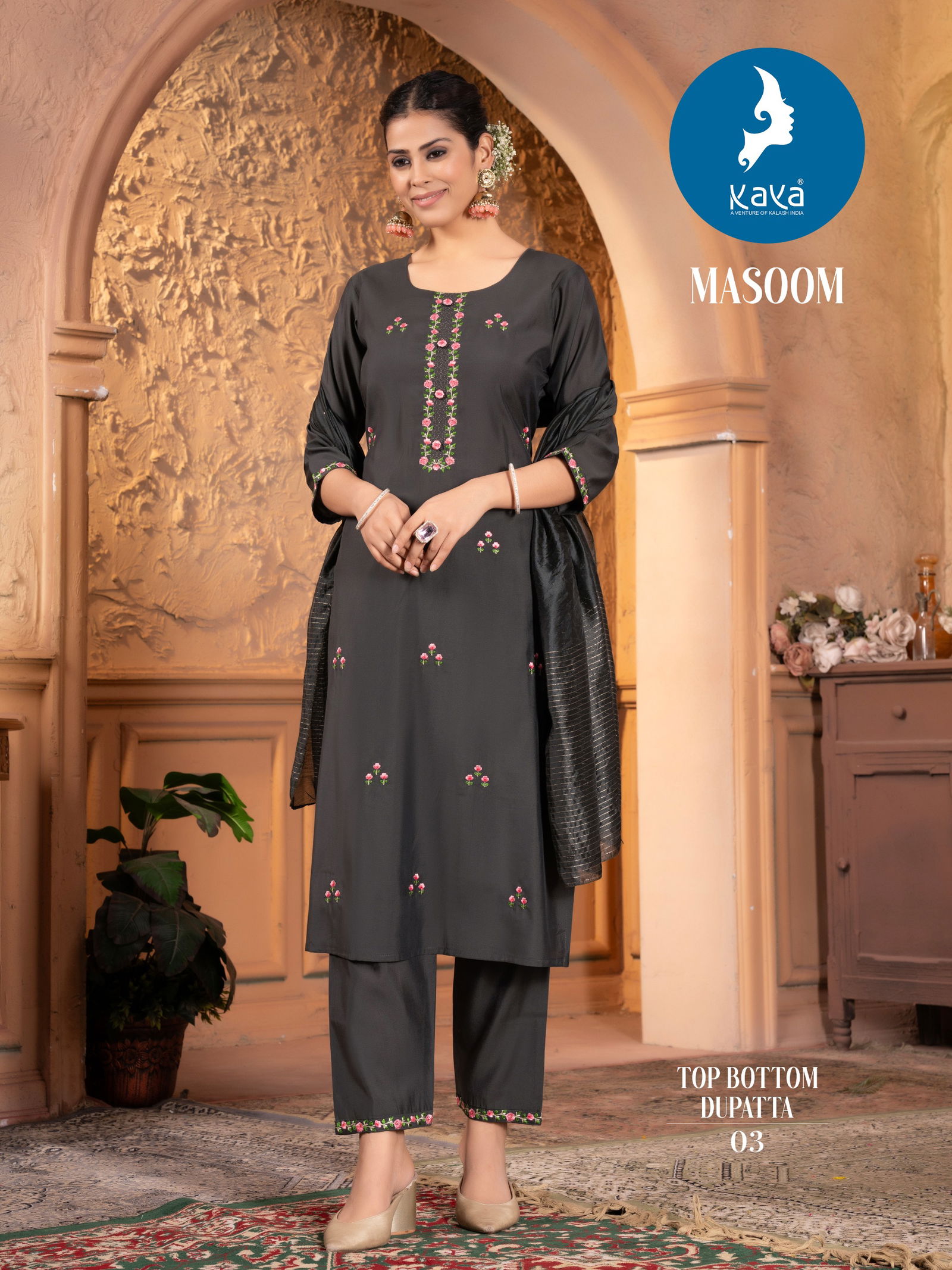 Masoom By Kaya Roman Silk Straight Cut Kurti With Bottom Dupatta Wholesale Online